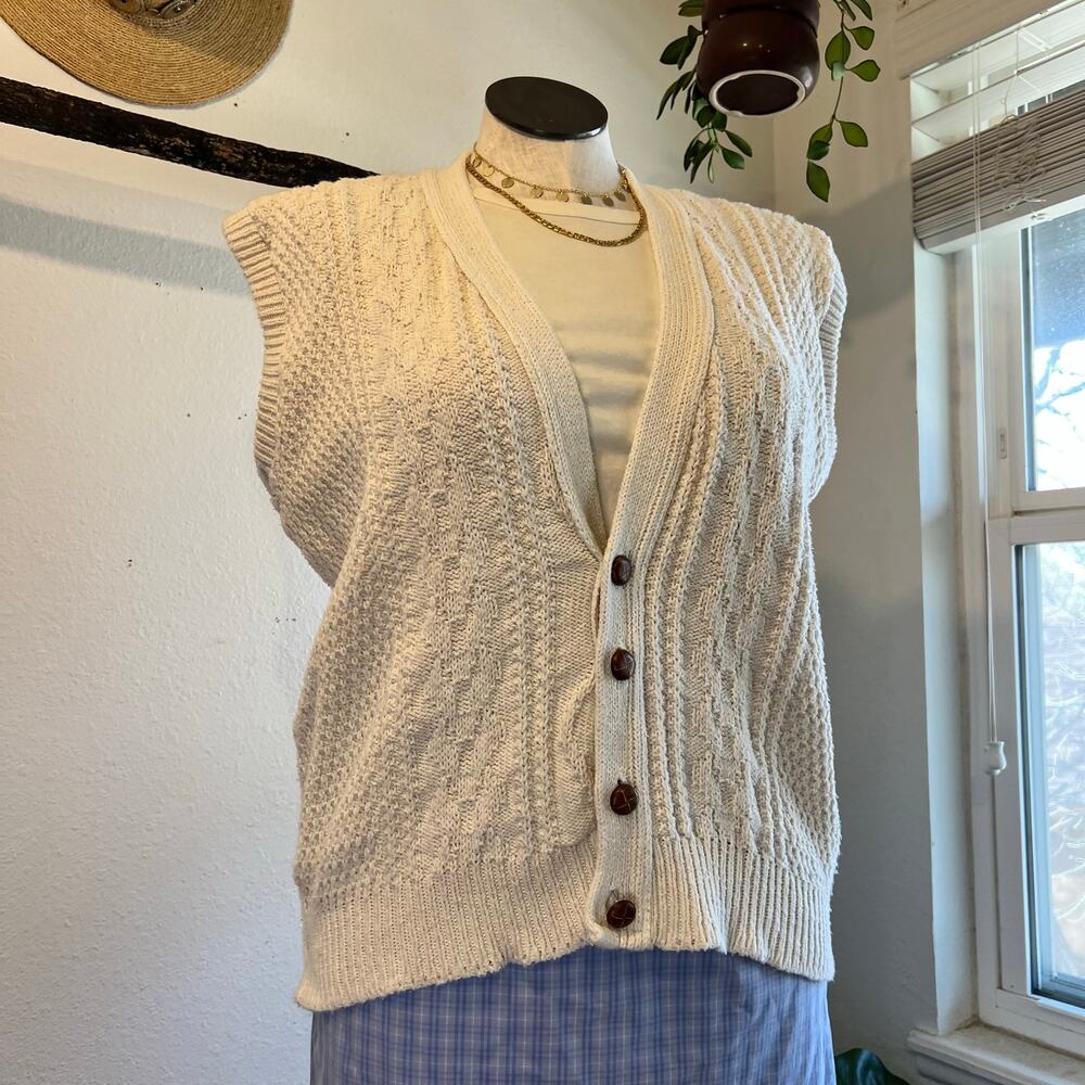 Vintage 90s Cream 100% Cotton USA Made Cable Knit Sweater Vest Size Large